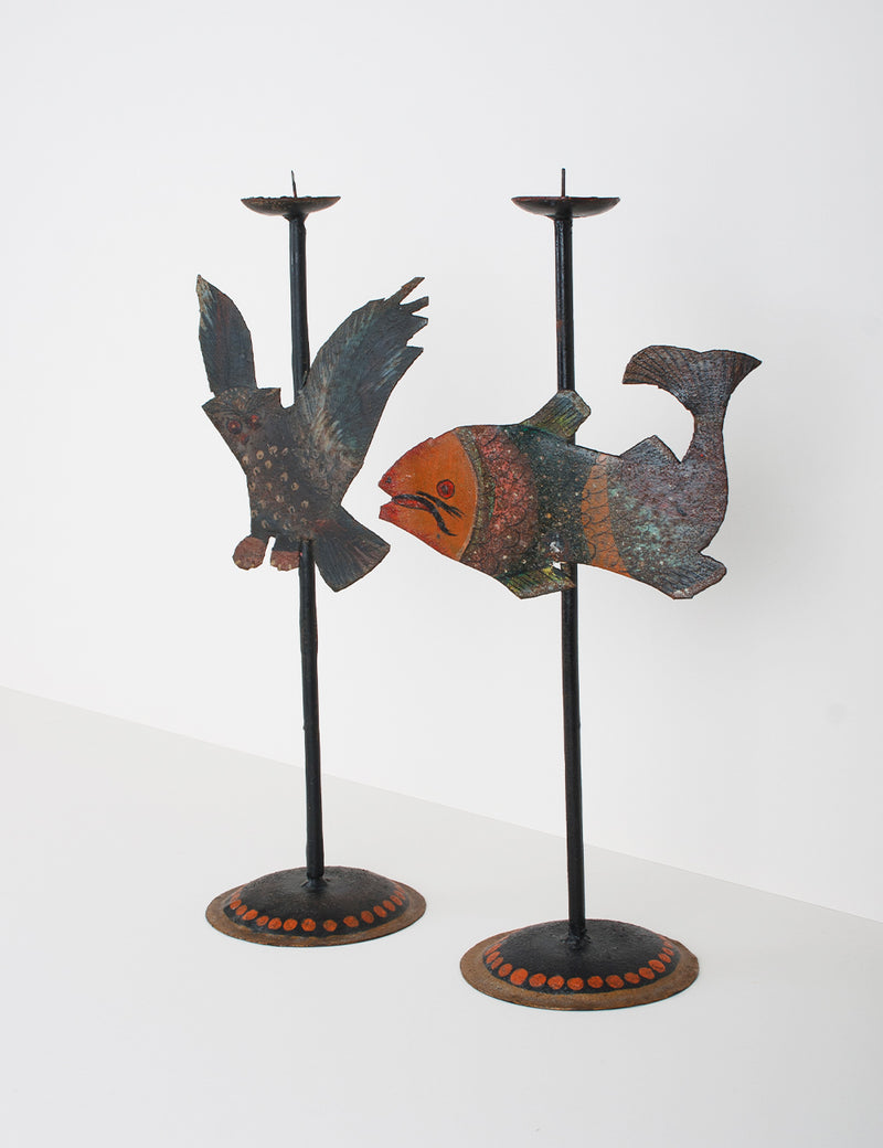 Bougeoirs vintage en métal hibou et poisson 